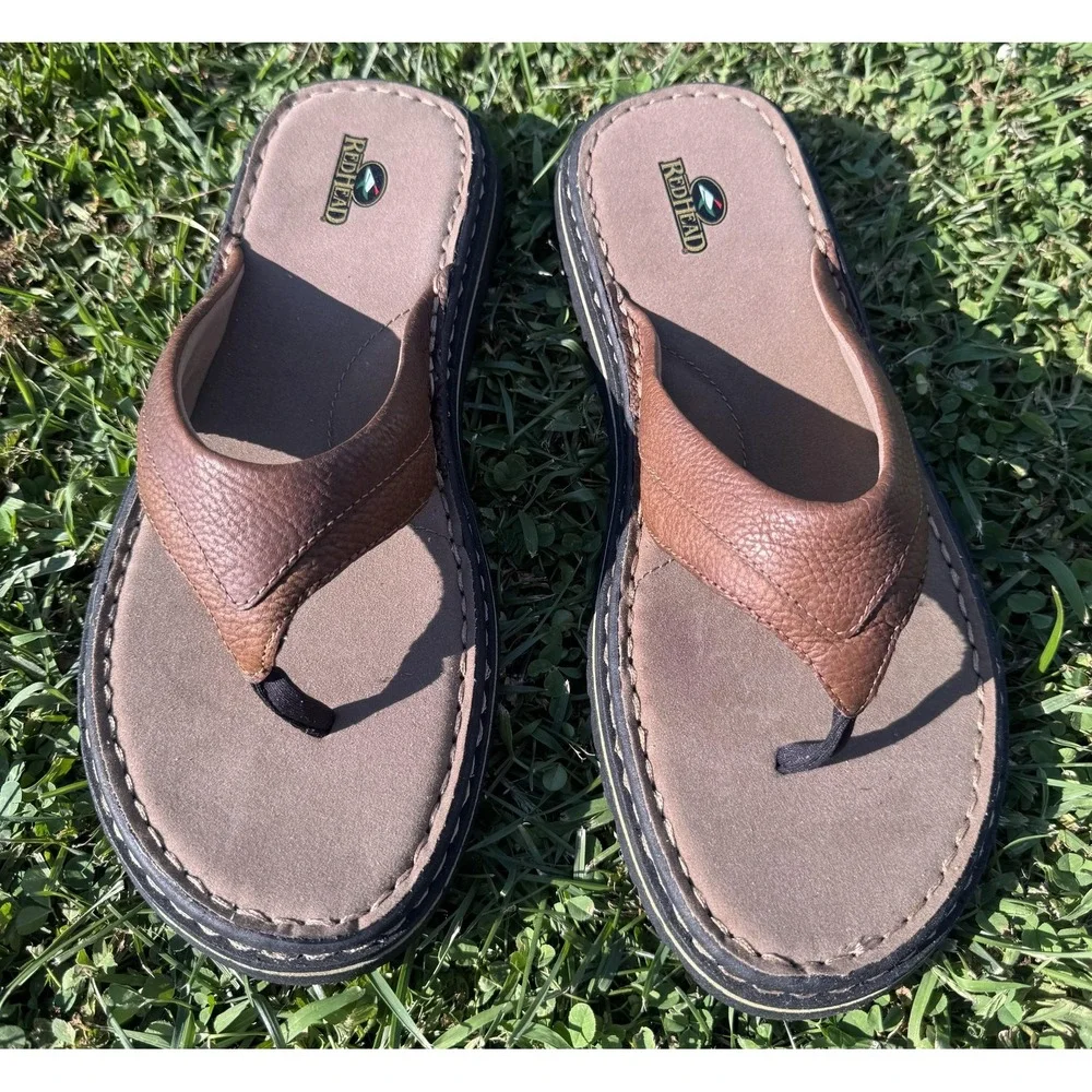 RedHead Sandals Mens Size 13 Brown Leather Thong Flip Flop Cushioned Casual